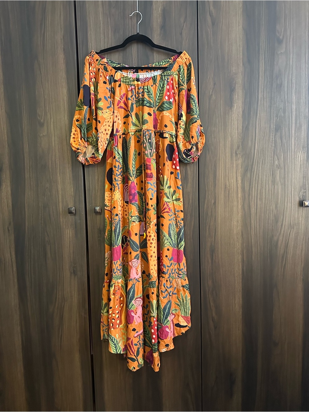 Farm Rio Tropical Collage off shoulder Maxi dress
